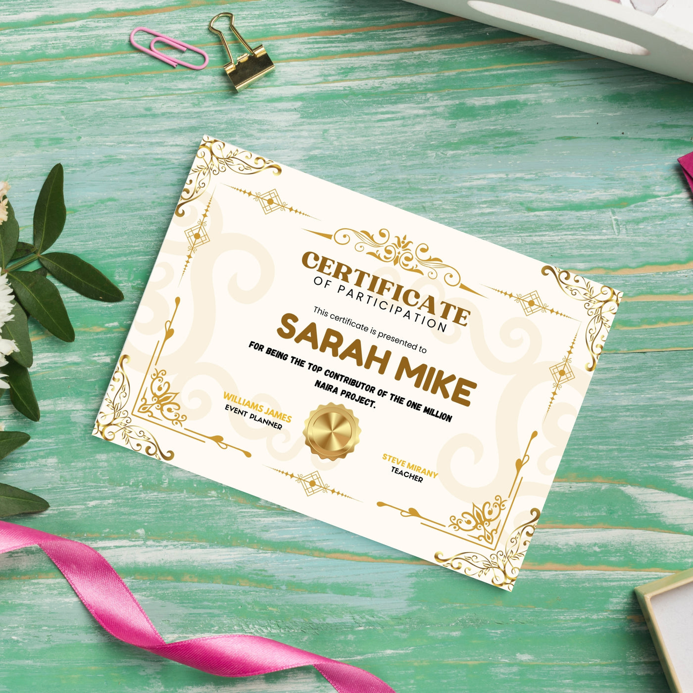 Elegant Certificate of Participation Template – Editable Gold Design for Events & Contributions (Printable & Digital)