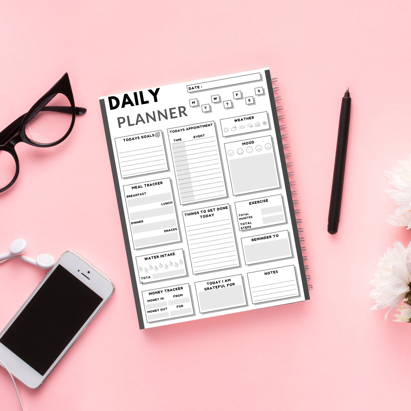 All-in-One Daily Planner – Undated Productivity Journal with Meal, Mood, Fitness & Finance Tracking