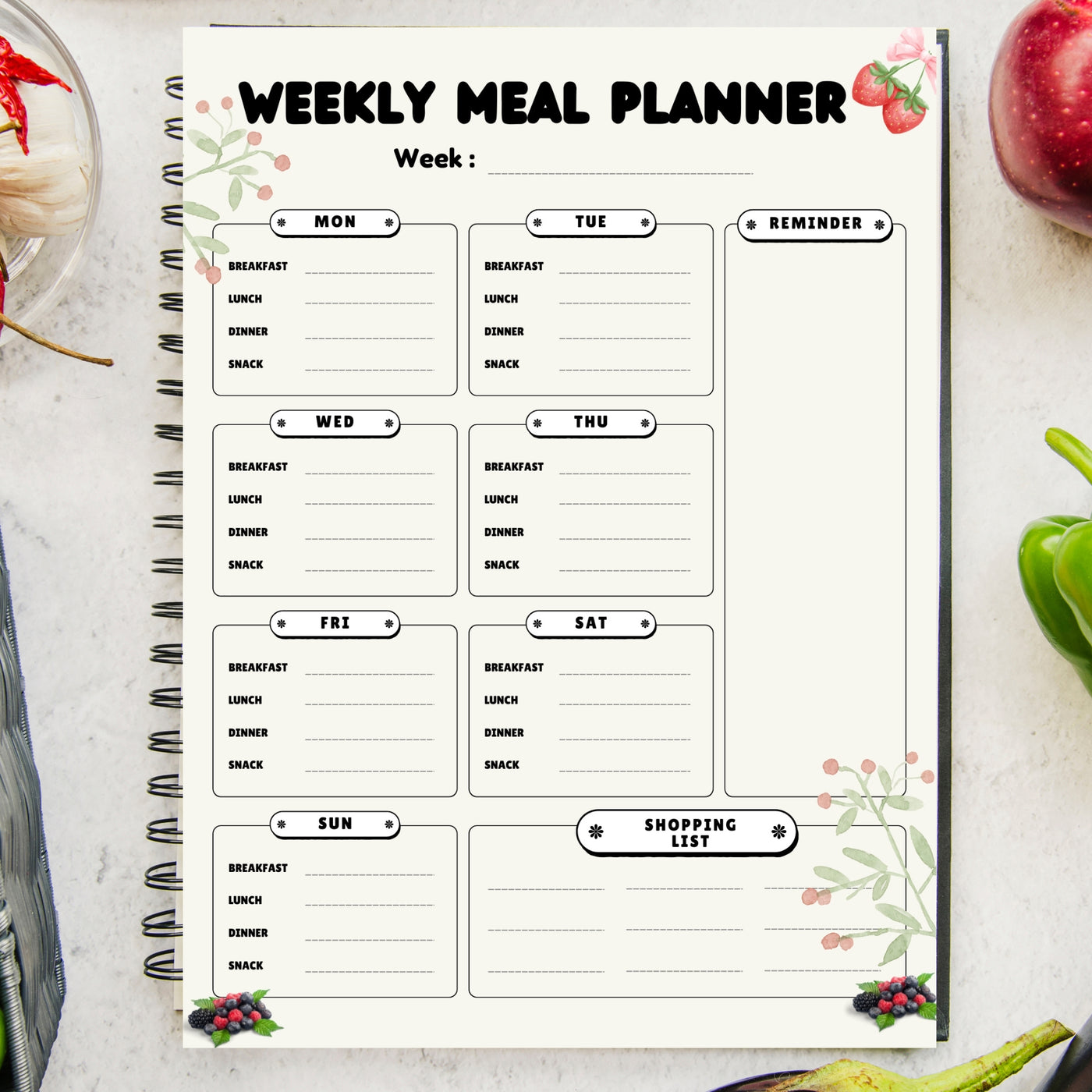 Printable Weekly Meal Planner with Snack & Shopping List – Editable PDF Template