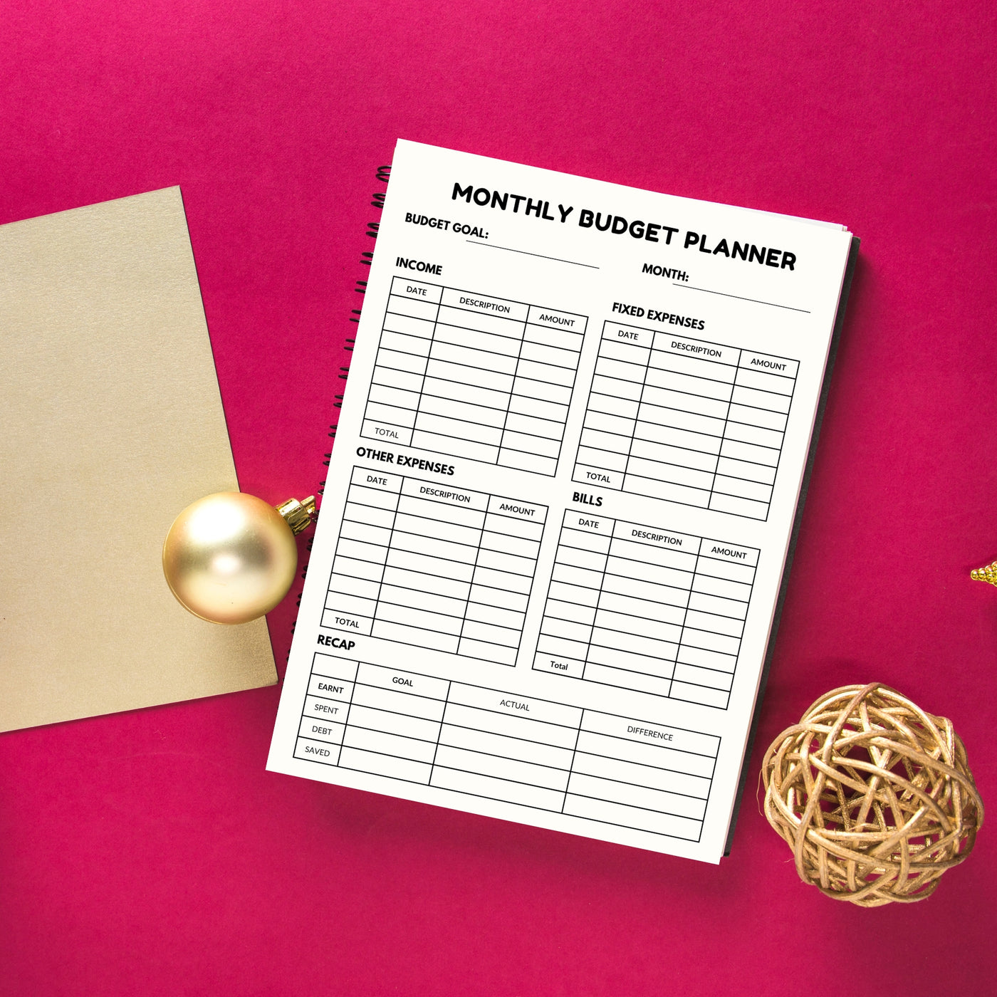 Monthly Budget Planner – Printable Income, Expenses & Bill Tracker with Financial Recap