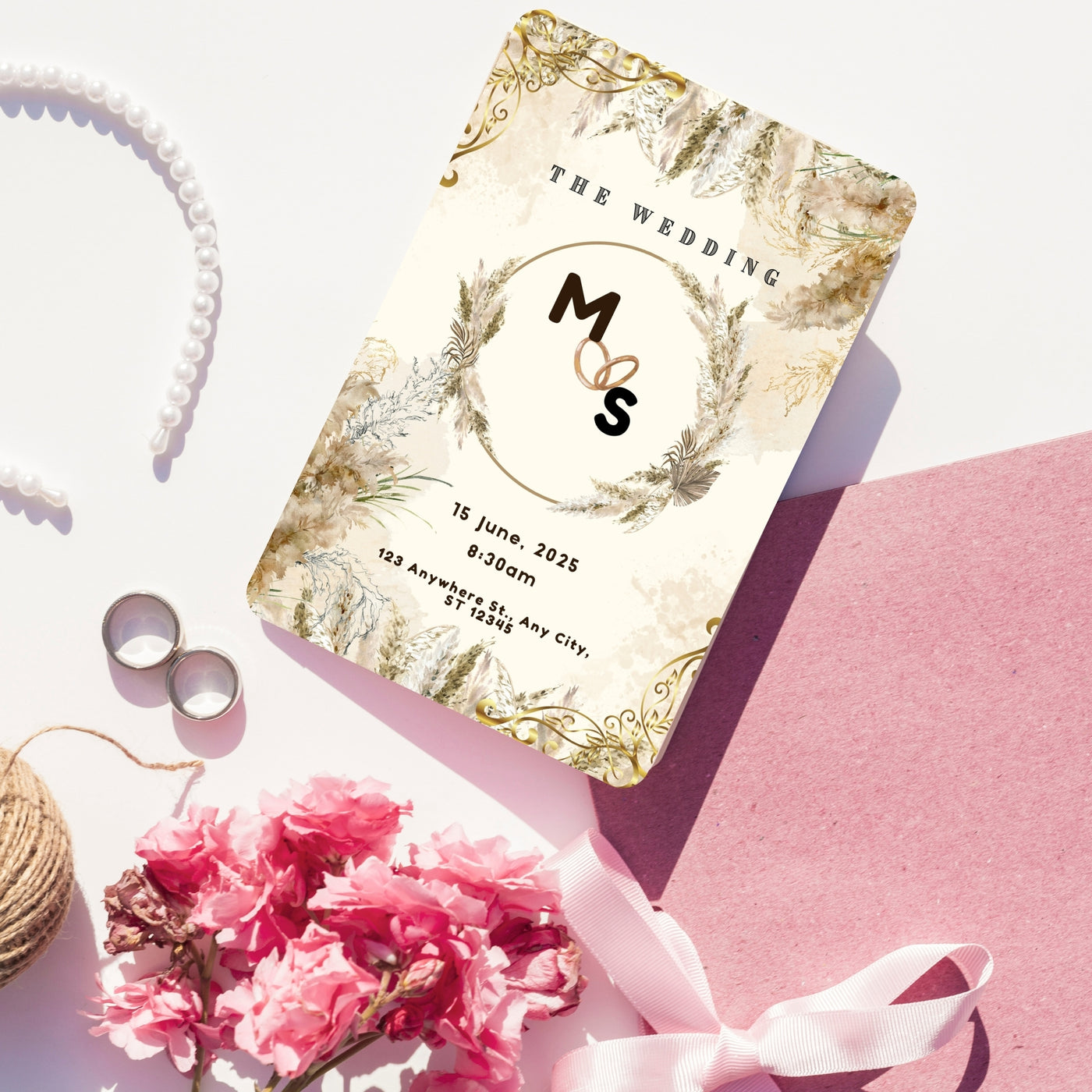 Elegant Boho Wedding Invitation Template – Editable Printable Invite with Floral & Gold Design