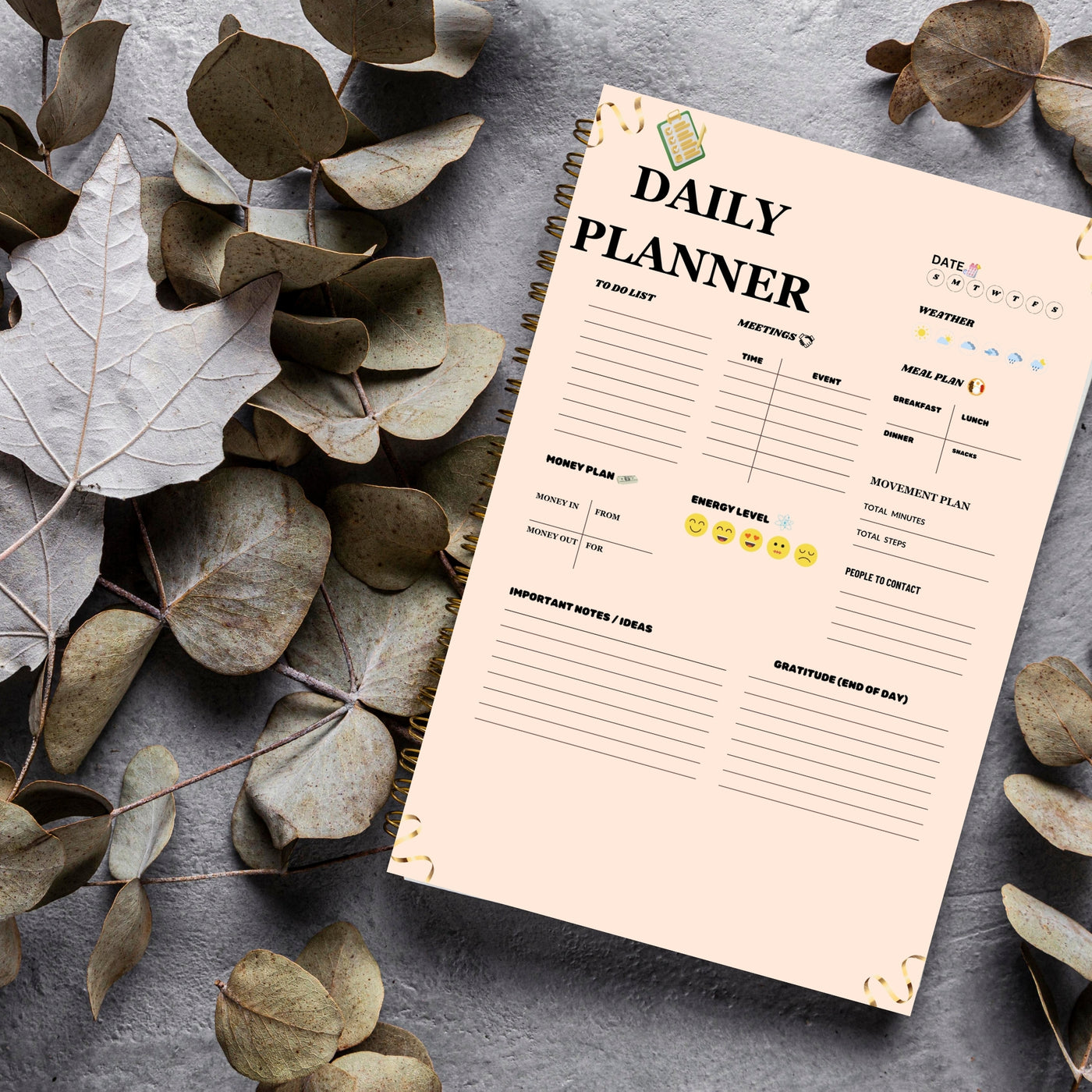 Sharpbryte digital aesthetic daily planner notepad page in soft blush with to do list mood energy and gratitude sections