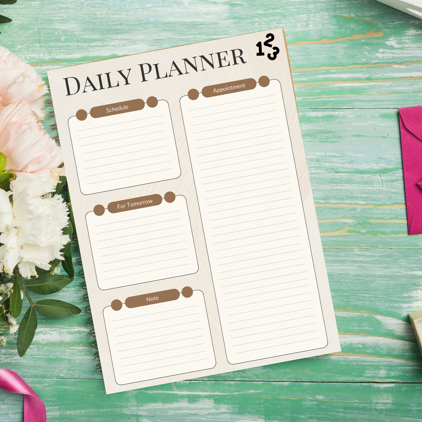 Sharpbryte minimalist daily planner pad digital product showing schedule appointment for tomorrow note sections